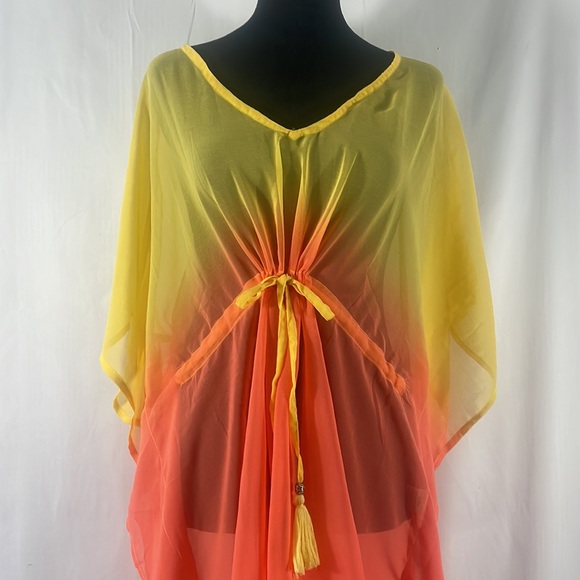 Orange & Yellow,,V neck, sheer, Tassels, swim cover up, Tunic,Top,dress, L/XL - Picture 2 of 10